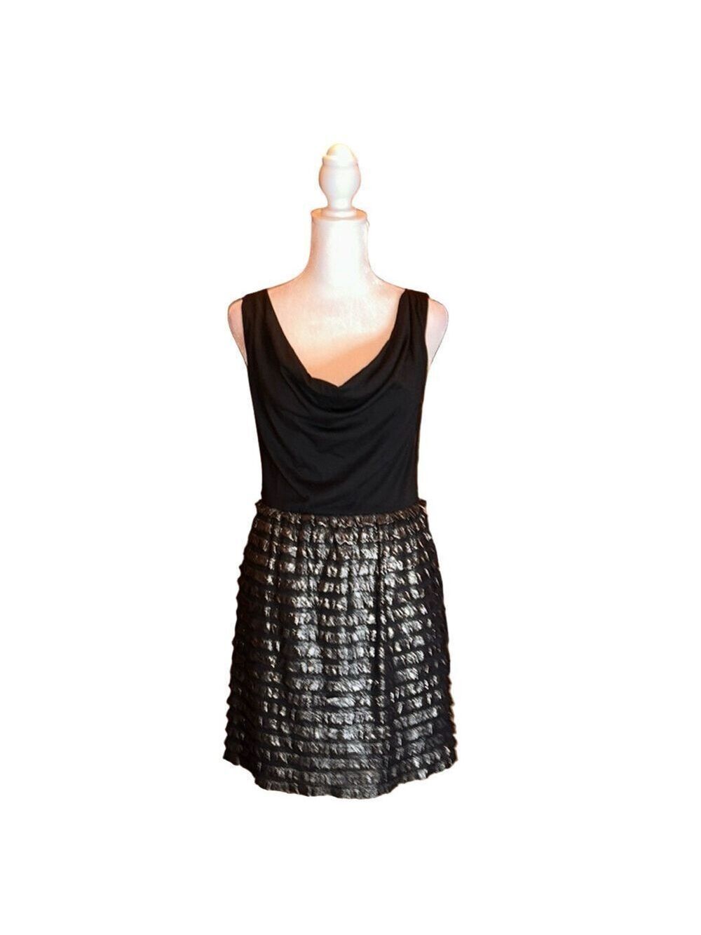 CHARLOTTE RUSSE Sexy Black Dress w/ Drape Neckline & Metallic Ruffle Skirt Sz S